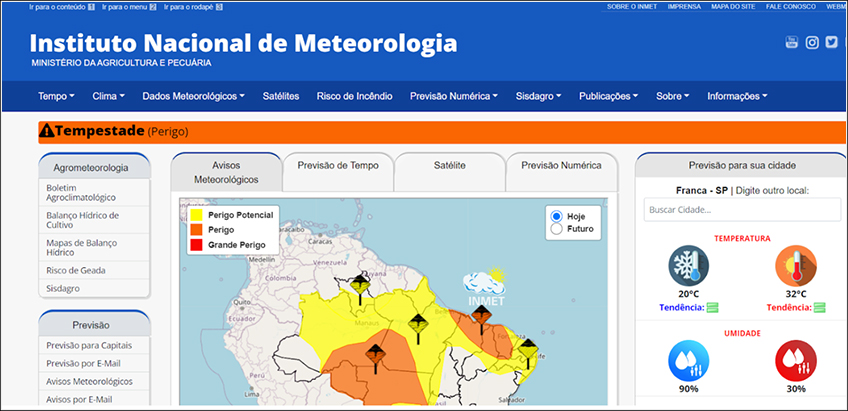 Site do Instituto Nacional de Meteorologia